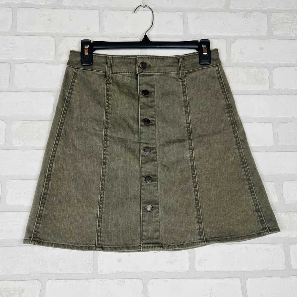 Mossimo Women Olive Green Button Front Denim Mini Skirt A-Line Size 4